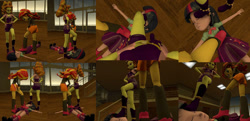 Size: 749x362 | Tagged: safe, artist:eqg-femdom-ost-fan, derpibooru import, adagio dazzle, sunset shimmer, twilight sparkle, human, equestria girls, 3d, boots, clothes, comic, defeated, female, femdom, high heel boots, jacket, shirt, shoes, skirt, submissive, trio, trio female, vest