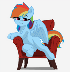 Size: 2928x3012 | Tagged: safe, artist:pabbley, color edit, derpibooru import, edit, rainbow dash, pegasus, pony, g4, chair, colored, female, looking at you, mare, simple background, sitting, smiling, smiling at you, solo, white background, wings