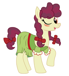 Size: 2627x2889 | Tagged: safe, artist:third uncle, derpibooru import, hilly hooffield, earth pony, pony, the hooffields and mccolts, background pony, blushing, bow, clothes, cute, female, hair bow, high res, hooffield family, mare, pigtails, simple background, solo, vector