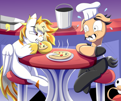 Size: 2000x1667 | Tagged: safe, artist:trackheadtherobopony, derpibooru import, oc, oc:amber, earth pony, pegasus, pony, bucket, chef's hat, eating, food, hat, nervous, peppino spaghetti, pizza, pizza tower, ponified, restaurant, species swap, the noise