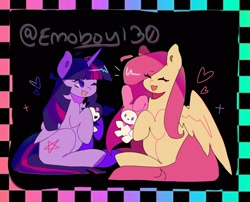 Size: 2048x1653 | Tagged: safe, artist:emoboy130, derpibooru import, fluttershy, twilight sparkle, twilight sparkle (alicorn), alicorn, pegasus, pony, duo, eyes closed, female, heart, lesbian, one eye closed, open mouth, shipping, sitting, smiling, twishy, wink