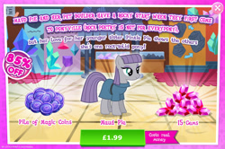Size: 1954x1300 | Tagged: safe, derpibooru import, maud pie, earth pony, pony, advertisement, clothes, costs real money, english, female, gameloft, gem, magic coins, mare, mobile game, my little pony: magic princess, numbers, official, sale, solo, text