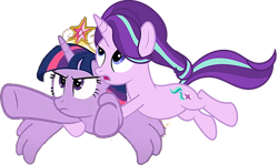 Size: 1035x618 | Tagged: safe, artist:shootingstarsentry, derpibooru import, edit, edited screencap, editor:incredibubbleirishguy, screencap, starlight glimmer, twilight sparkle, twilight sparkle (alicorn), alicorn, unicorn, 1000 years in photoshop, background removed, duo, duo female, element of magic, female, fixed, flying, holding on, not a vector, update, updated, updated image, vector edit