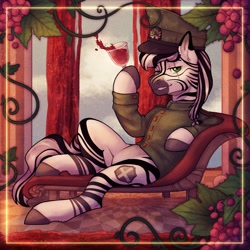 Size: 2000x2000 | Tagged: safe, artist:dereketto, derpibooru import, oc, oc only, oc:palatinatus clypeus, zebra, equestria at war mod, alcohol, clothes, food, glass, grapes, uniform, wine, wine glass