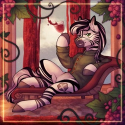 Size: 2000x2000 | Tagged: safe, artist:dereketto, derpibooru import, oc, oc only, oc:palatinatus clypeus, zebra, equestria at war mod, alcohol, clothes, food, glass, grapes, uniform, wine, wine glass