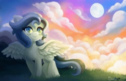 Size: 4096x2650 | Tagged: safe, artist:saphypone, derpibooru import, oc, oc only, pegasus, pony, cloud, moon, signature, solo, spread wings, wings