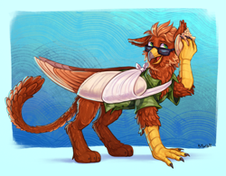 Size: 6107x4769 | Tagged: safe, artist:birdoffnorth, derpibooru import, oc, oc only, oc:pavlos, griffon, bandage, broken bone, broken wing, cast, chest fluff, claws, clothes, colored wings, confused, eared griffon, folded wings, griffon oc, injured, leg fluff, paws, seashell, shirt, simple background, sling, solo, sunglasses, underpaw, wings