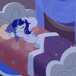 Size: 3000x3000 | Tagged: safe, artist:nika-rain, derpibooru import, oc, oc only, oc:snowflake flower, pegasus, pony, bed, bedroom, belly, concave belly, cute, eyes closed, female, folded wings, lying down, mare, night, on side, pegasus oc, pillow, show accurate, sleeping, slim, solo, thin, vector, wings