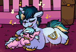 Size: 1982x1372 | Tagged: safe, artist:sexygoatgod, derpibooru import, oc, oc only, oc:shining strings, oc:viola shine, hybrid, pegabat, pony, unicorn, baby, baby pony, brother and sister, crib, cuddling, cutiespark, female, filly, foal, lullaby, lying down, male, music notes, nursery, offspring, pacifier, parent:lyra heartstrings, parent:oc:razzmatazz gleam, parents:canon x oc, prone, siblings