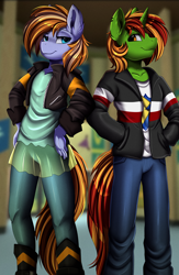 Size: 2490x3809 | Tagged: safe, artist:pridark, derpibooru import, oc, oc only, anthro, unicorn, canterlot high, clothes, commission, cosplay, costume, duo, equestria girls outfit, female, high res, horn, jacket, male, matching outfits, pants