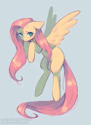 Size: 1219x1666 | Tagged: safe, artist:xpurplepiex, derpibooru import, fluttershy, pegasus, pony, blue background, ears, female, floppy ears, mare, shy, simple background, solo, spread wings, wings