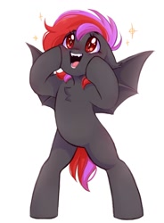 Size: 792x1079 | Tagged: safe, artist:melodylibris, derpibooru import, oc, oc only, bat pony, pony, bat pony oc, bipedal, chest fluff, cute, ears, floppy ears, ocbetes, open mouth, open smile, simple background, smiling, solo, sparkles, spread wings, starry eyes, white background, wingding eyes, wings