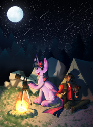 Size: 2413x3300 | Tagged: safe, artist:lycantrin, derpibooru import, twilight sparkle, twilight sparkle (alicorn), alicorn, human, pony, absurd resolution, belly, campfire, carving, coat markings, colored wings, crossover, duo, eyebrows, eyebrows visible through hair, female, fetlock tuft, figurine, fire, folded wings, full moon, happy, height difference, human and pony, knife, looking at each other, looking at someone, male, moon, night, off model, open mouth, open smile, shooting star, shooting stars, smiling, sniper, sniper (tf2), socks (coat marking), starry eyes, starry sky, stars, team fortress 2, telescope, tent, tree, tripod, two toned wings, unshorn fetlocks, wholesome, wingding eyes, wings, wood