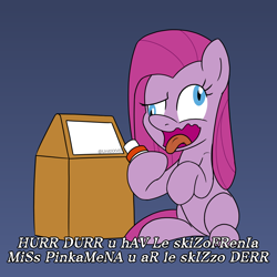 Size: 900x900 | Tagged: safe, artist:unitxxvii, derpibooru import, pinkie pie, earth pony, pony, blue background, dialogue, female, hoof hold, mare, mocking, open mouth, pinkamena diane pie, simple background, sitting, solo, tongue, tongue out, trash can