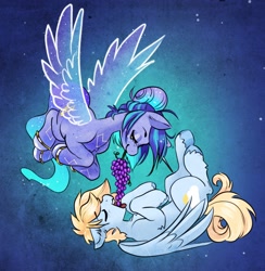 Size: 3094x3176 | Tagged: safe, artist:opalacorn, derpibooru import, oc, oc only, oc:asteria, oc:blue skies, pegasus, pony, unicorn, artificial wings, augmented, commission, eyes closed, feeding, female, food, grapes, lying down, magic, magic wings, male, mare, mouth hold, oc x oc, on back, open mouth, shipping, stallion, straight, wings