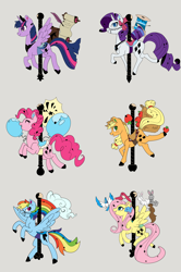 Size: 2236x3375 | Tagged: safe, artist:slowpoke, derpibooru import, applejack, fluttershy, pinkie pie, rainbow dash, rarity, twilight sparkle, twilight sparkle (alicorn), alicorn, bird, earth pony, pegasus, pony, rabbit, squirrel, unicorn, animal, carousel, female, gray background, high res, mane six, mare, rearing, reins, saddle, simple background, spread wings, tack, wings