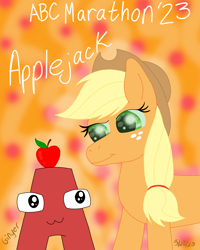 Size: 4000x5000 | Tagged: safe, artist:gingerdemonkitten666, derpibooru import, applejack, earth pony, pony, a, absurd resolution, alphabet lore, apple, applejack's hat, clothes, cowboy hat, crossover, duo, female, food, freckles, hat, looking at each other, looking at someone, male, mare, owo