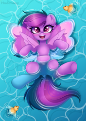 Size: 4500x6347 | Tagged: safe, artist:madelinne, derpibooru import, oc, oc only, oc:emilia starsong, pegasus, pony, dock, happy, looking at you, open mouth, open smile, partially submerged, pegasus oc, smiling, solo, swimming pool, tail, water, wet, wet mane