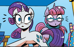 Size: 769x490 | Tagged: safe, artist:brendahickey, derpibooru import, idw, rarity, pony, unicorn, spoiler:comic, spoiler:comicff19, cake, clothes, female, food, glasses, mare, scarf, surprised, unnamed character, unnamed pony