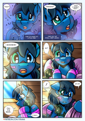 Size: 2480x3508 | Tagged: safe, artist:dsana, derpibooru import, oc, oc:lullaby dusk, pegasus, pony, comic:a storm's lullaby, bandage, bed, bedding, bedroom, comic, dream, implied princess luna, morning, pillow, plushie, waking up