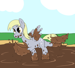 Size: 2000x1800 | Tagged: safe, artist:amateur-draw, derpibooru import, derpy hooves, pegasus, pony, covered in mud, cutie mark, female, mare, mud, mud play, mud pony, muddy, simple background, solo, wet and messy
