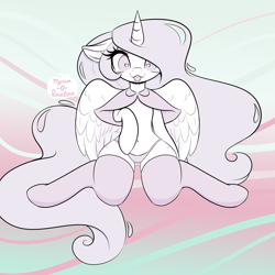 Size: 3000x3000 | Tagged: safe, artist:nyan-o-lantern, derpibooru import, princess celestia, alicorn, semi-anthro, abstract background, clothes, eyelashes, female, heart, heart eyes, pink-mane celestia, solo, stockings, thigh highs, wingding eyes