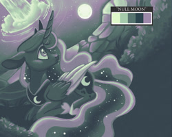 Size: 2048x1641 | Tagged: safe, artist:carouselunique, derpibooru import, princess luna, alicorn, pony, colored wings, ears, female, floppy ears, full moon, jewelry, limited palette, looking back, lying down, mare, moon, moonlight, night, prone, reflection, regalia, solo, two toned wings, water, waterfall, wings