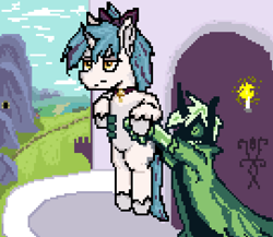 Size: 812x705 | Tagged: safe, artist:damset, derpibooru import, oc, oc:da-mset, oc:evening lake, changeling, unicorn, balcony, bowtie, bush, candle, canterlot, collar, field, happy birthday, horizon, lake, monochrome, mountain, ms paint, pixel art, railroad, sky, tower, water