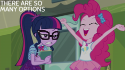 Size: 2000x1125 | Tagged: safe, derpibooru import, edit, edited screencap, editor:quoterific, screencap, pinkie pie, sci-twi, twilight sparkle, better together, equestria girls, stressed in show