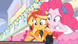 Size: 520x293 | Tagged: safe, derpibooru import, screencap, fluttershy, pinkie pie, sunset shimmer, human, better together, equestria girls, holidays unwrapped, animated, cute, dashing through the mall, diapinkes, gif, hug, shimmerbetes, squirrel game, trio