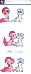 Size: 1280x3000 | Tagged: safe, artist:penguinpotential, derpibooru import, pinkie pie, oc, oc:frigid drift, pegasus, pony, ask frigid drift, blushing, christmas, female, hat, holiday, licking, mare, santa hat, tongue, tongue out