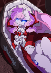 Size: 2480x3508 | Tagged: safe, artist:arctic-fox, derpibooru import, oc, oc only, oc:malina, bat pony, pony, undead, vampire, vampony, bow, clothes, coffin, cosplay, costume, dracula, glowing, glowing eyes, grin, hair bow, looking at you, lying down, on back, pigtails, smiling, solo