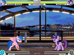 Size: 994x746 | Tagged: safe, derpibooru import, firefly, rainbow dash, twilight sparkle, unicorn twilight, pegasus, pony, unicorn, fighting is magic, g1, bipedal, book, bridge, city, duo, fan game, female, fraternity, game, light, mare, new, palette swap, recolor, stage, são paulo