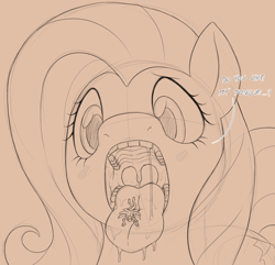 Size: 2004x1935 | Tagged: safe, artist:sparkythechu, derpibooru import, fluttershy, oc, pegasus, pony, blushing, comfy, dialogue, drool, drool string, endosoma, esophagus, fetish, flutterpred, gentle pred, imminent vore, mawshot, monochrome, non-fatal vore, open mouth, oral invitation, saliva puddle, salivating, sketch, slimy, squishy, taste buds, tongue, tongue matress, tongue out, uvula, vore