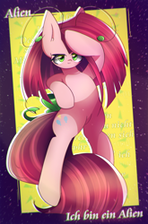 Size: 1750x2650 | Tagged: safe, artist:miryelis, derpibooru import, pinkie pie, alien, earth pony, pony, big ears, bow, cute, cuteamena, ears, full body, green eyes, long hair, looking at you, pinkamena diane pie, smiling, smiling at you, solo, text