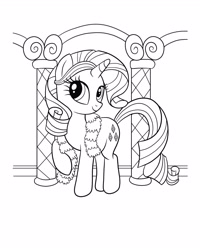 Size: 2480x3100 | Tagged: safe, derpibooru import, rarity, pony, unicorn, black and white, boa, closed mouth, coloring page, eyes open, feather boa, female, grayscale, hairband, mare, monochrome, official, pillar, raised hoof, raised leg, simple background, smiling, solo, white background