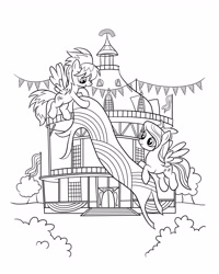 Size: 2480x3100 | Tagged: safe, derpibooru import, cloudchaser, flitter, pegasus, pony, banner, black and white, bunting, bush, closed mouth, coloring page, duo, duo female, female, flag, flying, grayscale, mare, monochrome, official, open mouth, open smile, outdoors, ponyville town hall, rainbow, siblings, sisters, smiling