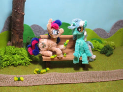 Size: 1024x769 | Tagged: safe, artist:malte279, derpibooru import, part of a series, part of a set, bon bon, lyra heartstrings, sweetie drops, earth pony, pony, unicorn, bench, candy, chenille, chenille stems, chenille wire, craft, food, irl, photo, pipe cleaner sculpture, pipe cleaners