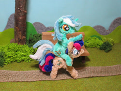 Size: 1280x961 | Tagged: safe, artist:malte279, derpibooru import, part of a series, part of a set, bon bon, lyra heartstrings, sweetie drops, earth pony, pony, unicorn, bench, chenille, chenille stems, chenille wire, craft, food, irl, lyra riding bon bon, photo, pipe cleaner sculpture, pipe cleaners, ponies riding ponies, riding