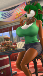 Size: 2160x3840 | Tagged: safe, artist:donglysfm, derpibooru import, oc, oc:tea tree, anthro, deer, 3d, antlers, big breasts, breasts, bucktooth, burger, deer oc, diner, female, food, high res, indoors, milf, neck fluff, non-pony oc, revamped anthros, solo, source filmmaker, this will end in pain