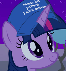 Size: 268x287 | Tagged: safe, derpibooru import, edit, edited screencap, screencap, twilight sparkle, unicorn twilight, pony, unicorn, bust, cap, hat, please be patient i have autism, solo