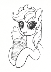 Size: 851x1200 | Tagged: safe, artist:maytee, derpibooru import, pony, black and white, boba tea, bust, drinking straw, grayscale, monochrome, portrait, simple background, sipping, smiling, solo, white background, ych sketch, your character here