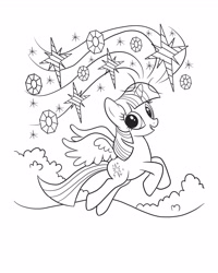 Size: 2480x3100 | Tagged: safe, derpibooru import, twilight sparkle, twilight sparkle (alicorn), alicorn, pony, black and white, bush, coloring page, female, flying, gem, grayscale, mare, monochrome, official, outdoors, simple background, solo, sparkles, spread wings, white background, wings