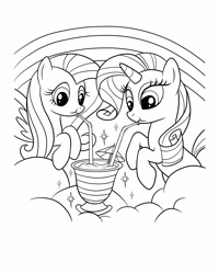 Size: 2480x3100 | Tagged: safe, derpibooru import, fluttershy, rarity, pegasus, pony, unicorn, black and white, cloud, cocktail umbrella, coloring page, drink, drinking, drinking straw, duo, duo female, female, grayscale, mare, monochrome, official, rainbow, simple background, sparkles, spread wings, white background, wings