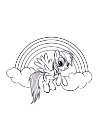 Size: 2290x2855 | Tagged: safe, derpibooru import, rainbow dash, pegasus, pony, black and white, cloud, coloring page, female, flying, grayscale, grin, mare, monochrome, official, rainbow, simple background, smiling, solo, spread wings, white background, wings, wrong cutie mark