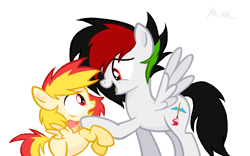 Size: 1296x808 | Tagged: safe, artist:kruvvv, derpibooru import, oc, oc only, pegasus, pony, base, base used, black background, black mane, crying, cutie mark, duo, female, filly, foal, happy, hoof hold, looking at each other, looking at someone, male, original character do not steal, paintbrush, pegasus oc, pegasus wings, red eyes, scared, simple background, spread wings, stallion, standing, surprised, tears of joy, white background, white coat, wings, yellow coat