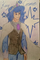 Size: 600x885 | Tagged: safe, artist:glaceonfrozen, derpibooru import, oc, oc:king cosmos, human, celestia and luna's father, clothes, cutie mark, humanized, looking at you, male, smiling, smiling at you, solo, stars, traditional art
