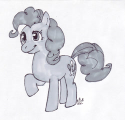 Size: 800x769 | Tagged: safe, artist:the-kigo-king, derpibooru import, pinkie pie, earth pony, pony, grayscale, monochrome, old art, raised hoof, raised leg, solo, traditional art