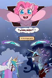 Size: 960x1440 | Tagged: safe, alternate version, artist:cold-blooded-twilight, derpibooru import, nightmare moon, pinkie pie, princess celestia, alicorn, earth pony, pony, comic:cold storm, blood, comic, crown, dialogue, evil grin, fangs, female, glowing, glowing eyes, grin, hug, jewelry, lidded eyes, looking at you, mare, nosebleed, open mouth, open smile, panting, regalia, smiling, speech bubble, sweat