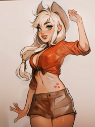 Size: 1920x2559 | Tagged: safe, artist:chloe dawn, derpibooru import, applejack, human, applejack's hat, belly button, breasts, cleavage, clothes, cowboy hat, cute, cutie mark tattoo, female, flannel, freckles, front knot midriff, grin, hat, humanized, jackabetes, midriff, shirt, shorts, smiling, solo, tattoo